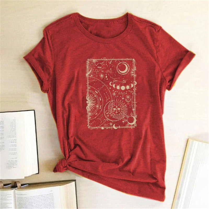 Moon and Sun Print Vintage Women T Shirt Aesthetic round Neck Loose Summer Tshirt Casual Graphic Tees Tops Woman Ropa Mujer