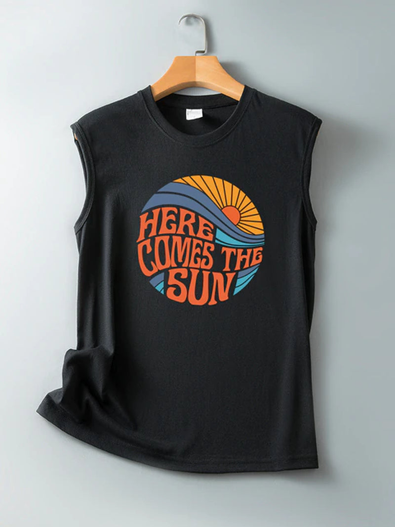 Here Comes the Sun Printed Funny Women T Shirt Sleeveless round Neck Summer T Shirt Femme Clothes Vintage Graphic Tees Tops 2022