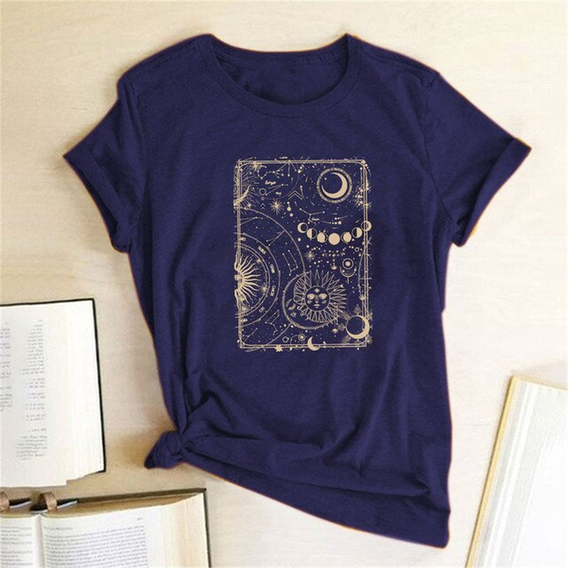 Moon and Sun Print Vintage Women T Shirt Aesthetic round Neck Loose Summer Tshirt Casual Graphic Tees Tops Woman Ropa Mujer