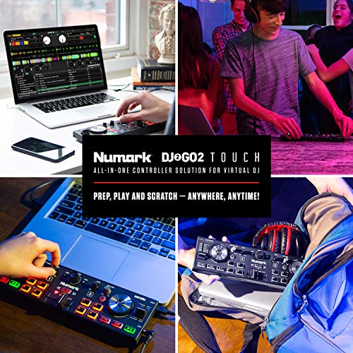 Numark DJ2GO2 Touch – Compact 2 Deck USB DJ Controller For Serato DJ with a Mixer / Crossfader, Audio Interface and Touch Capacitive Jog Wheels