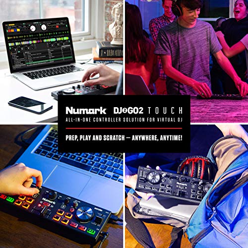 Numark DJ2GO2 Touch – Compact 2 Deck USB DJ Controller For Serato DJ with a Mixer / Crossfader, Audio Interface and Touch Capacitive Jog Wheels