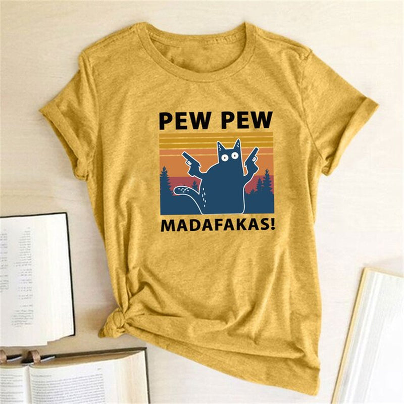 Pew Pew Madafakas Print T-Shirts Women Summer 2020 Graphic Tees Funny Shirts for Woman Tshirts Loose Crew Neck Harajuku Tops