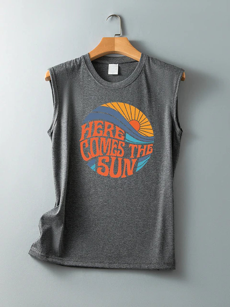 Here Comes the Sun Printed Funny Women T Shirt Sleeveless round Neck Summer T Shirt Femme Clothes Vintage Graphic Tees Tops 2022