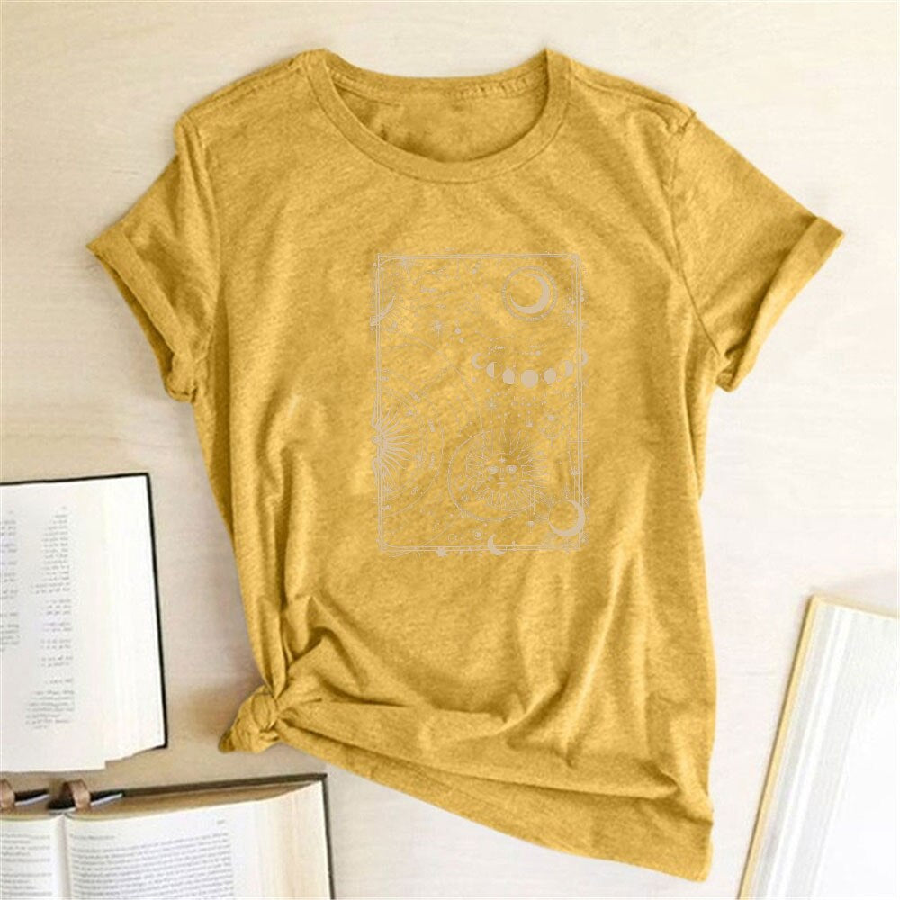 Moon and Sun Print Vintage Women T Shirt Aesthetic round Neck Loose Summer Tshirt Casual Graphic Tees Tops Woman Ropa Mujer