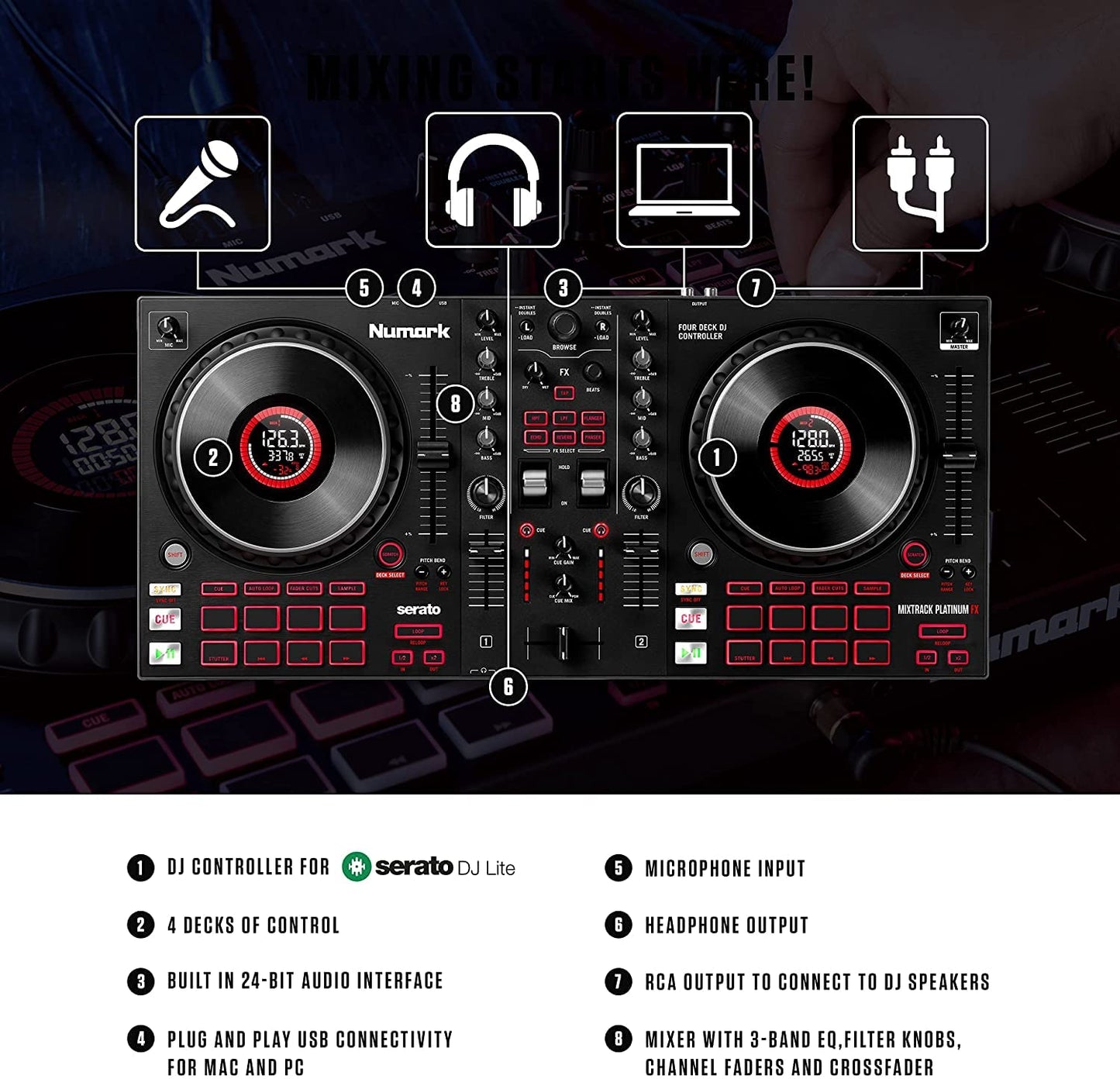 Numark Mixtrack Pro FX – 2 Deck DJ Controller For Serato DJ with DJ Mixer, Built-in Audio Interface, Capacitive Touch Jog Wheels and FX Paddles