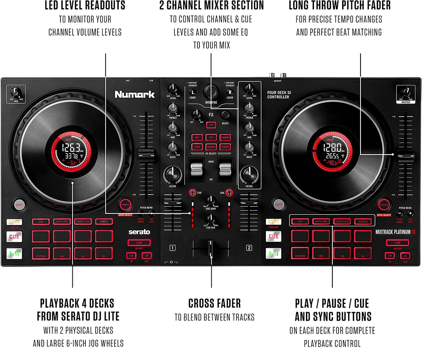 Numark Mixtrack Pro FX – 2 Deck DJ Controller For Serato DJ with DJ Mixer, Built-in Audio Interface, Capacitive Touch Jog Wheels and FX Paddles
