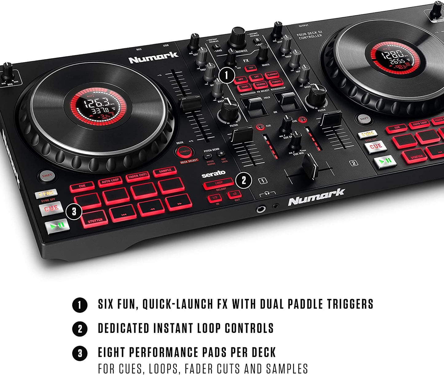 Numark Mixtrack Pro FX – 2 Deck DJ Controller For Serato DJ with DJ Mixer, Built-in Audio Interface, Capacitive Touch Jog Wheels and FX Paddles