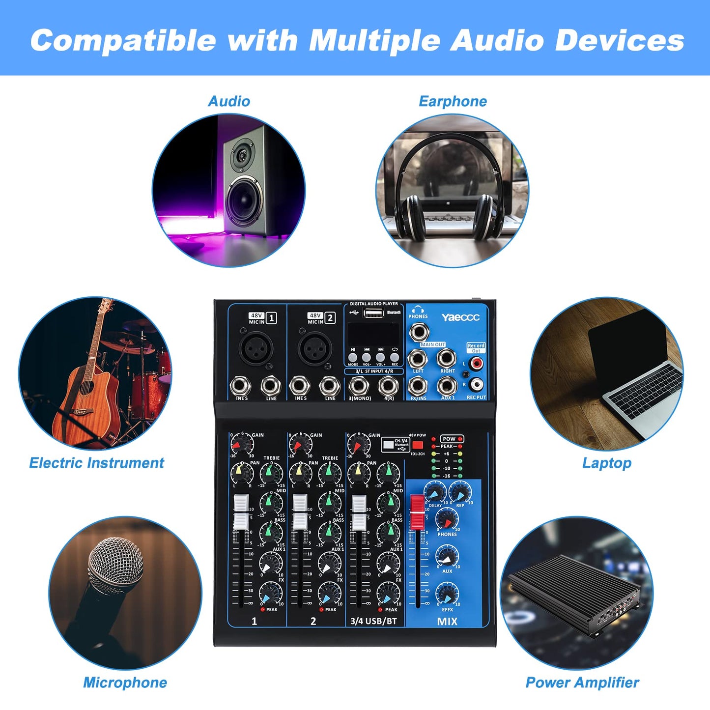 4 Channel Live Studio Stereo Audio Mixer Sound Mixing Mixer Console with USB Interface