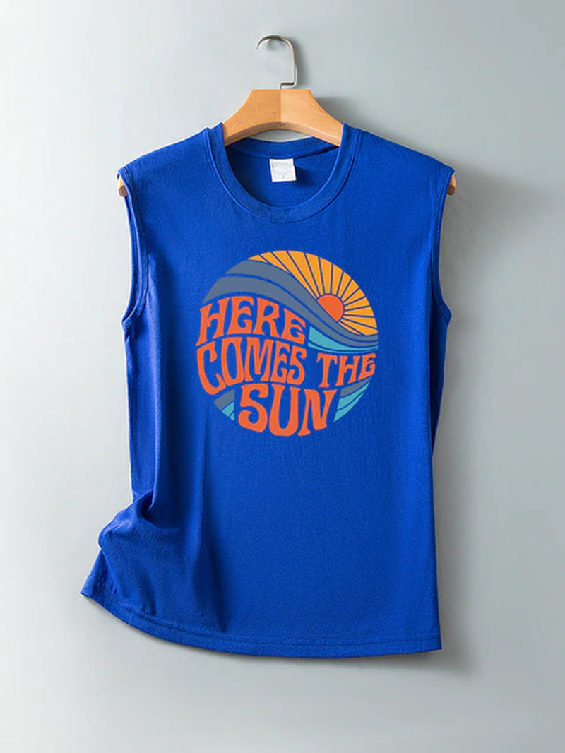 Here Comes the Sun Printed Funny Women T Shirt Sleeveless round Neck Summer T Shirt Femme Clothes Vintage Graphic Tees Tops 2022
