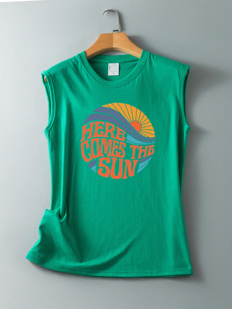 Here Comes the Sun Printed Funny Women T Shirt Sleeveless round Neck Summer T Shirt Femme Clothes Vintage Graphic Tees Tops 2022