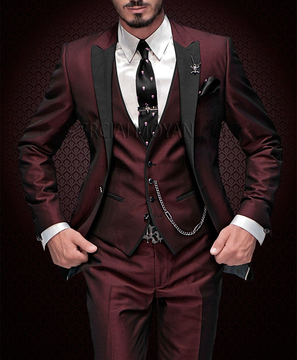 Peak Black Lapel Groom Tuxedos Burgundy 3 Pieces(Jacket+Pant+Vest+Tie) Men's