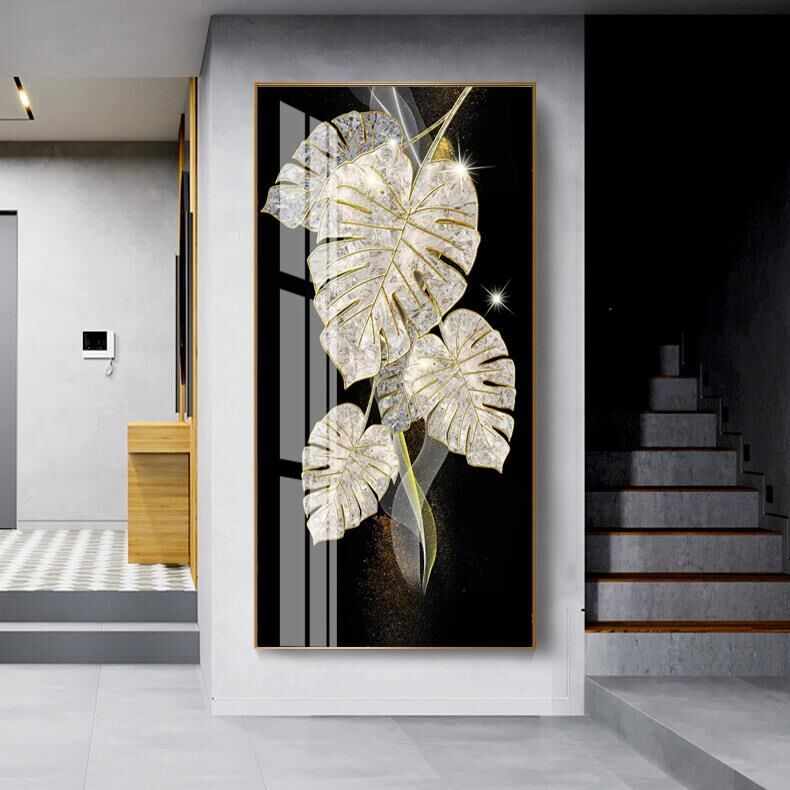 Golden Abstract Banana Leaf 5D Crystal Porcelain Painting
