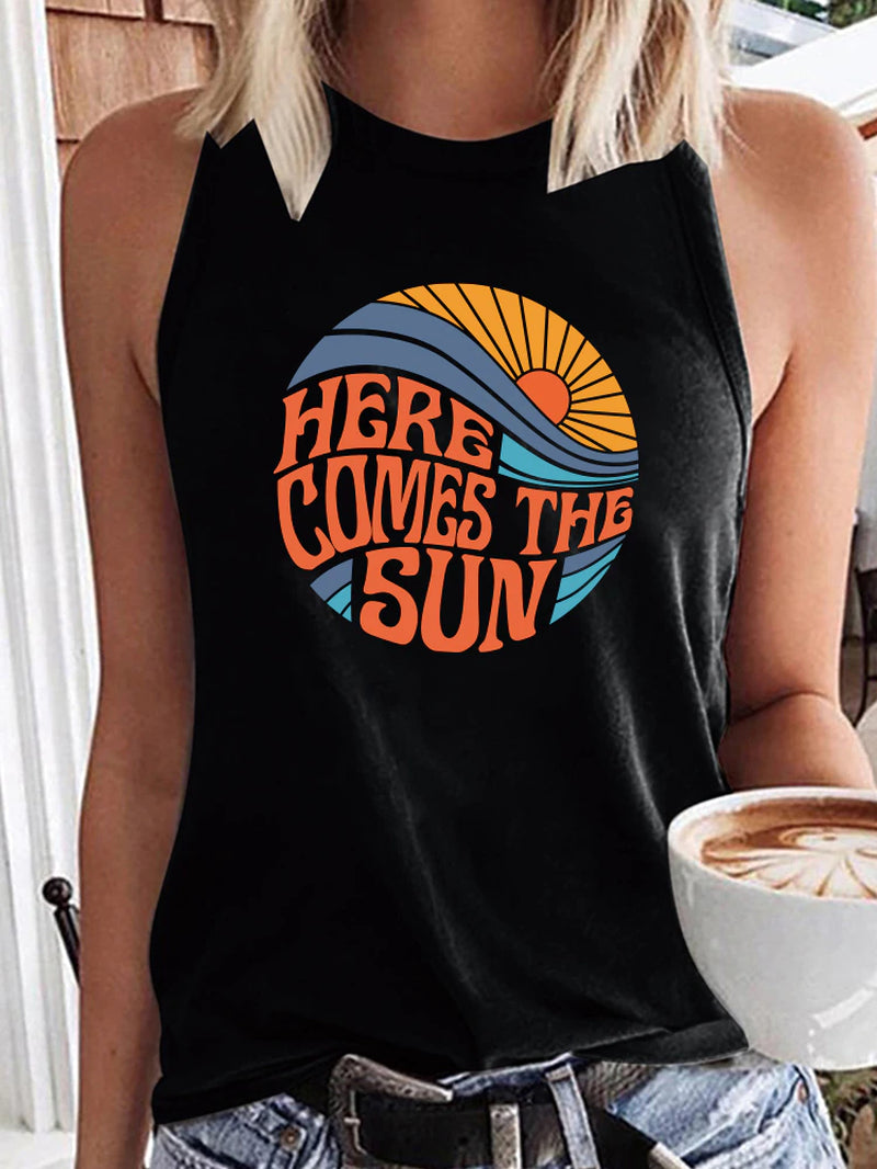 Here Comes the Sun Printed Funny Women T Shirt Sleeveless round Neck Summer T Shirt Femme Clothes Vintage Graphic Tees Tops 2022