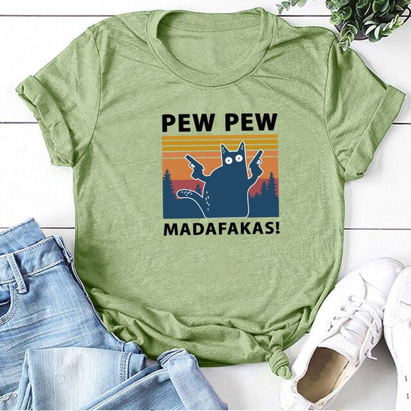 Pew Pew Madafakas Print T-Shirts Women Summer 2020 Graphic Tees Funny Shirts for Woman Tshirts Loose Crew Neck Harajuku Tops
