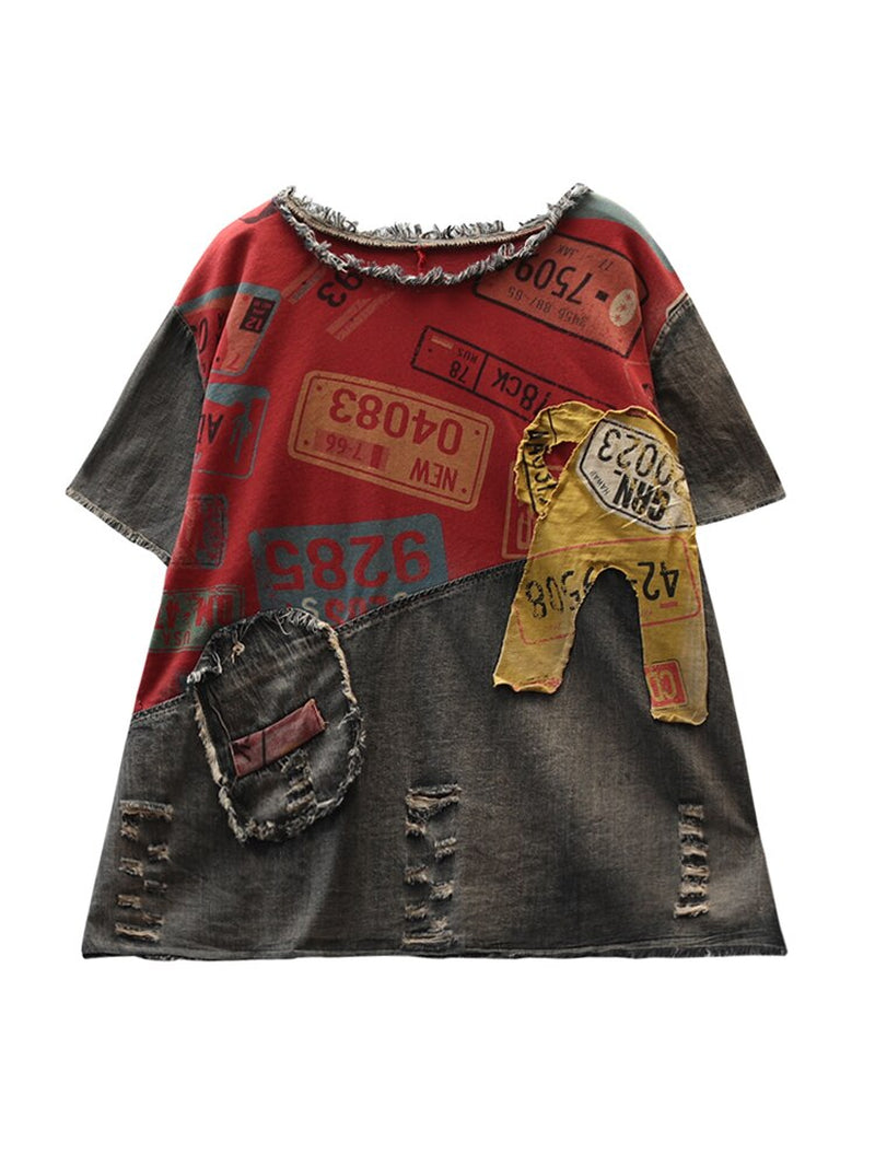 Max Lulu 2022 New Summer European Fashion Style Ladies Vintage Tee Shirts Women Denim Patchwork Ripped Tshirts Casual Streetwear