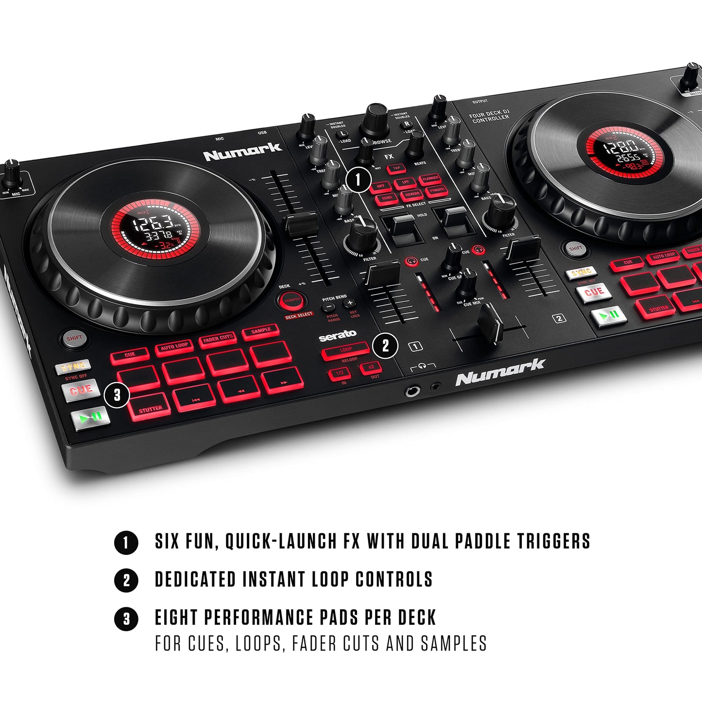 Numark Mixtrack Pro FX – 2 Deck DJ Controller For Serato DJ with DJ Mixer, Built-in Audio Interface, Capacitive Touch Jog Wheels and FX Paddles