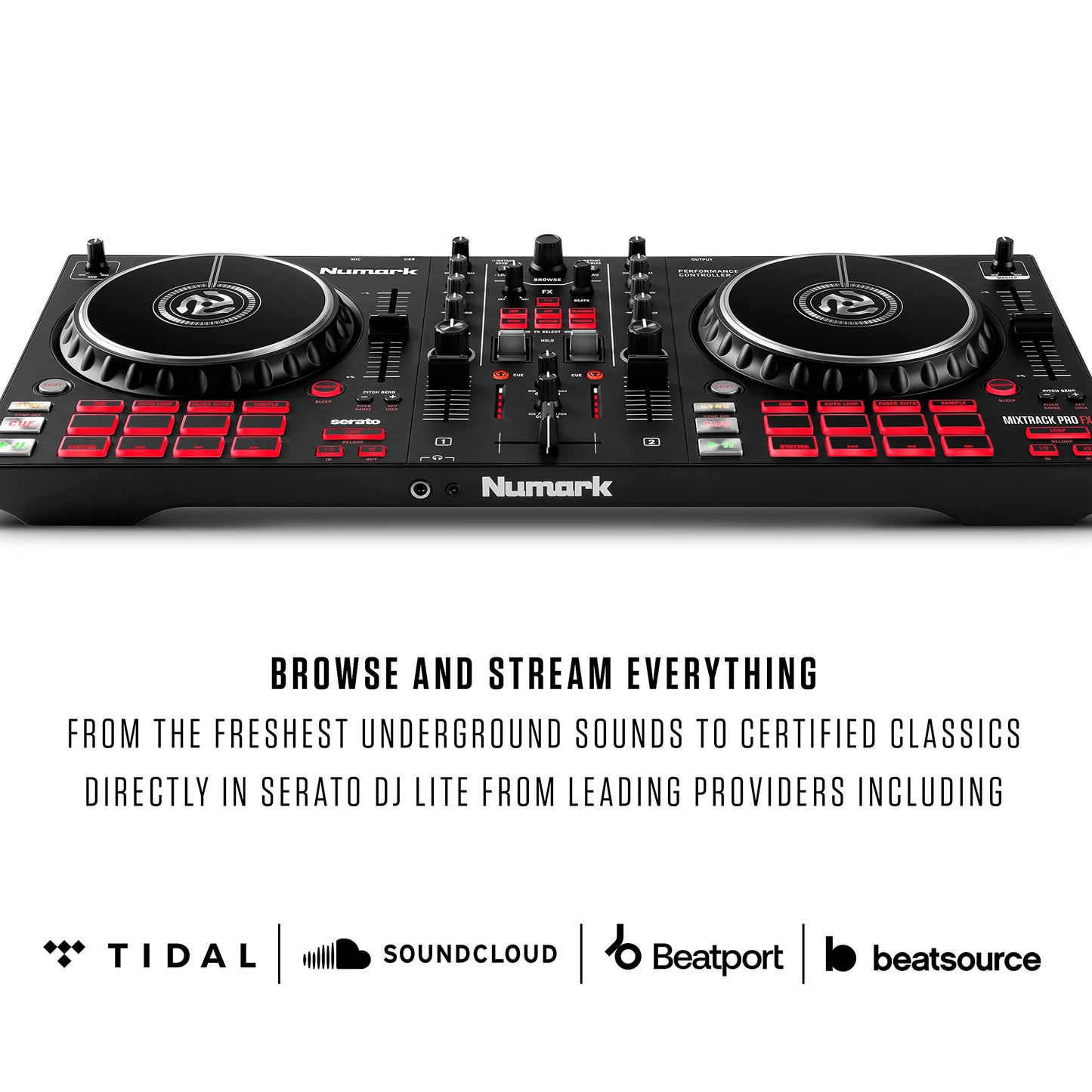 Numark Mixtrack Pro FX – 2 Deck DJ Controller For Serato DJ with DJ Mixer, Built-in Audio Interface, Capacitive Touch Jog Wheels and FX Paddles