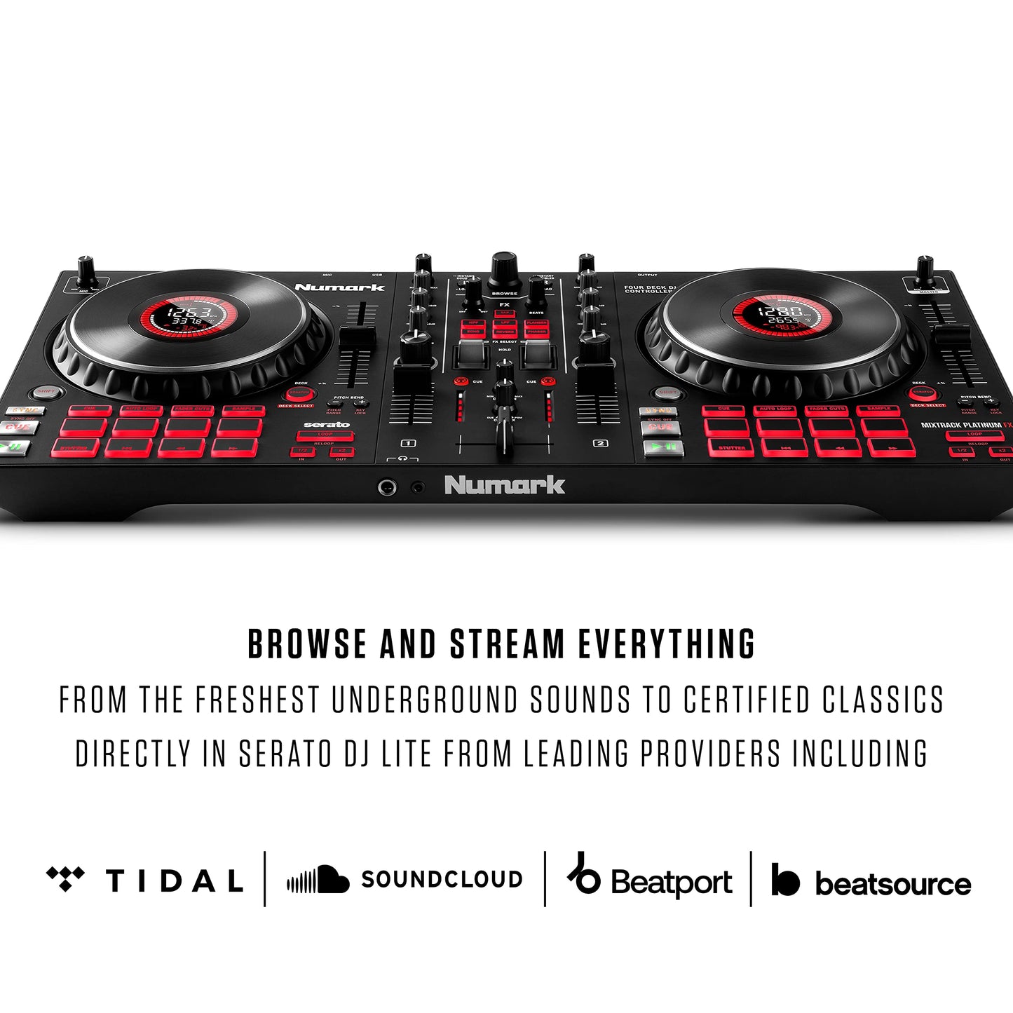 Numark Mixtrack Pro FX – 2 Deck DJ Controller For Serato DJ with DJ Mixer, Built-in Audio Interface, Capacitive Touch Jog Wheels and FX Paddles