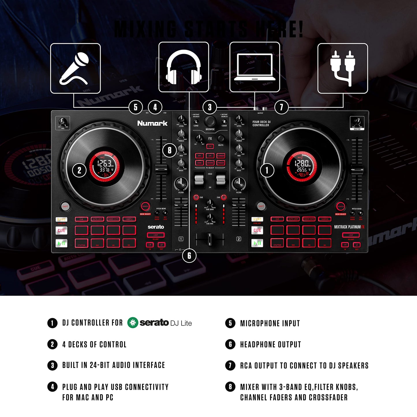 Numark Mixtrack Pro FX – 2 Deck DJ Controller For Serato DJ with DJ Mixer, Built-in Audio Interface, Capacitive Touch Jog Wheels and FX Paddles