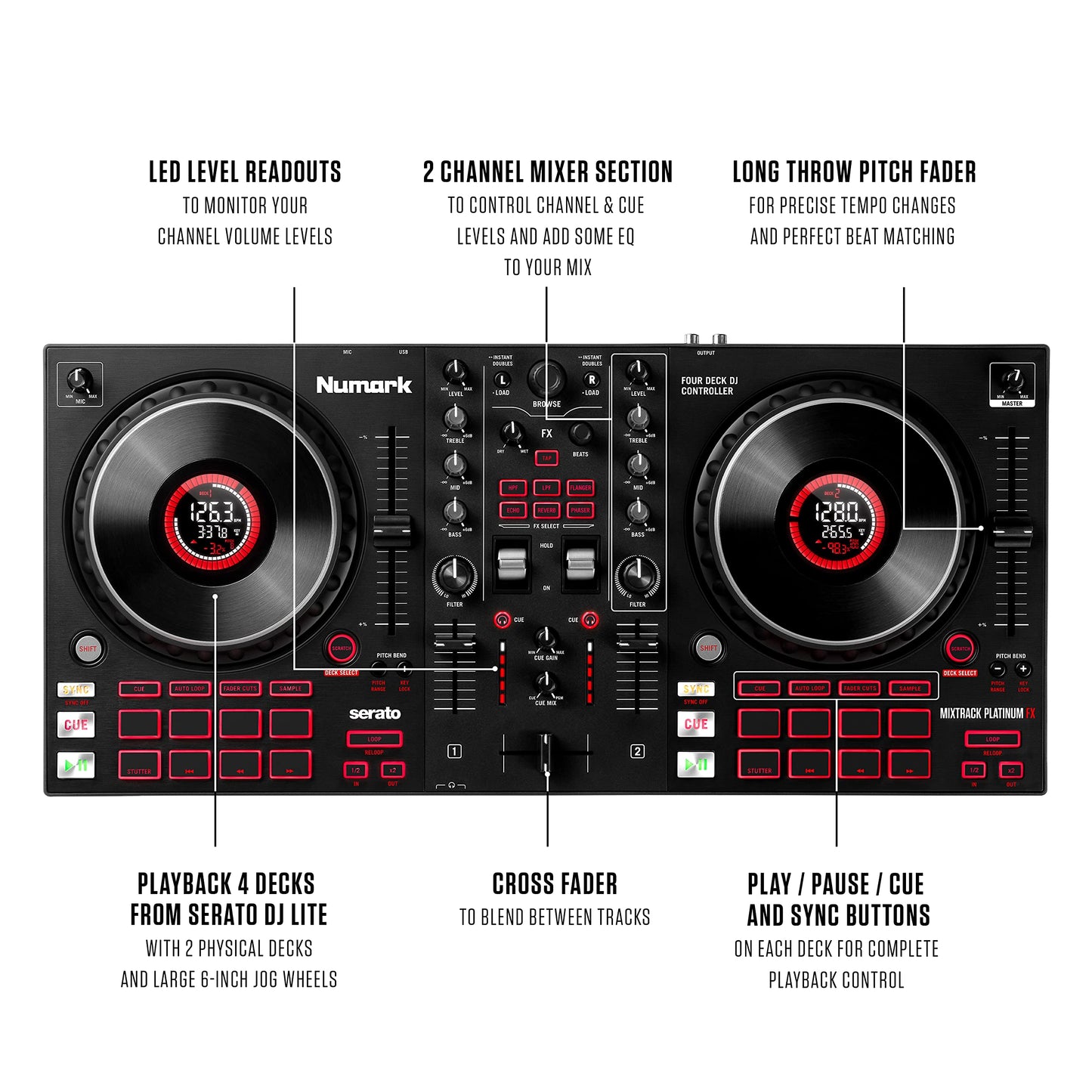 Numark Mixtrack Pro FX – 2 Deck DJ Controller For Serato DJ with DJ Mixer, Built-in Audio Interface, Capacitive Touch Jog Wheels and FX Paddles