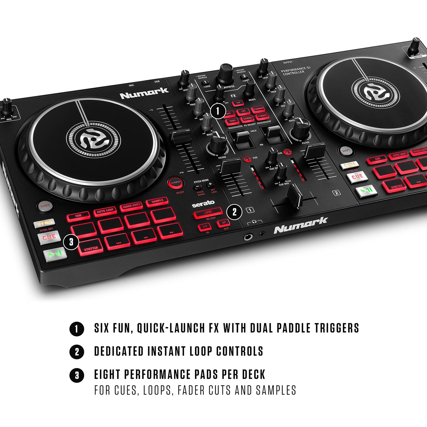 Numark Mixtrack Pro FX – 2 Deck DJ Controller For Serato DJ with DJ Mixer, Built-in Audio Interface, Capacitive Touch Jog Wheels and FX Paddles