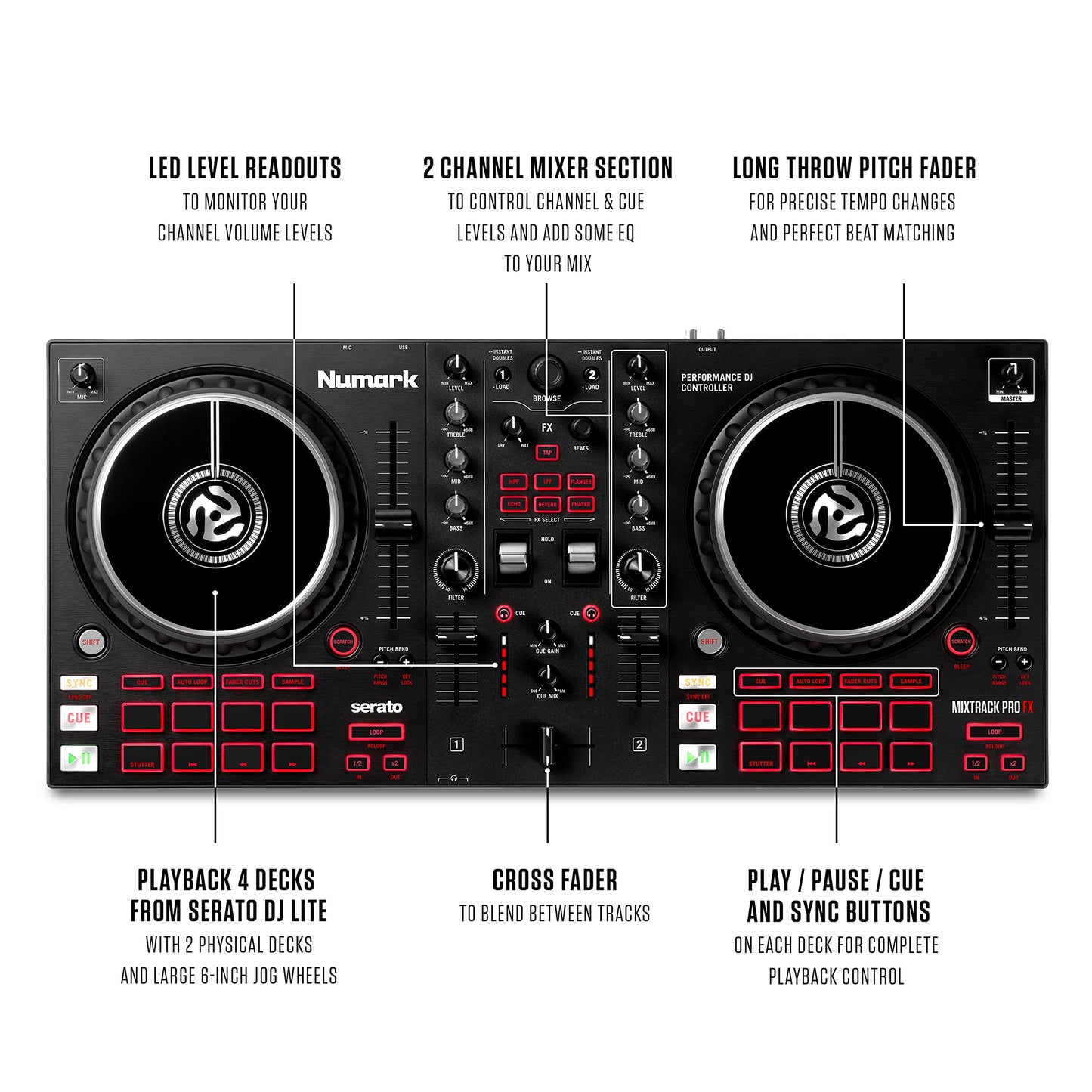 Numark Mixtrack Pro FX – 2 Deck DJ Controller For Serato DJ with DJ Mixer, Built-in Audio Interface, Capacitive Touch Jog Wheels and FX Paddles