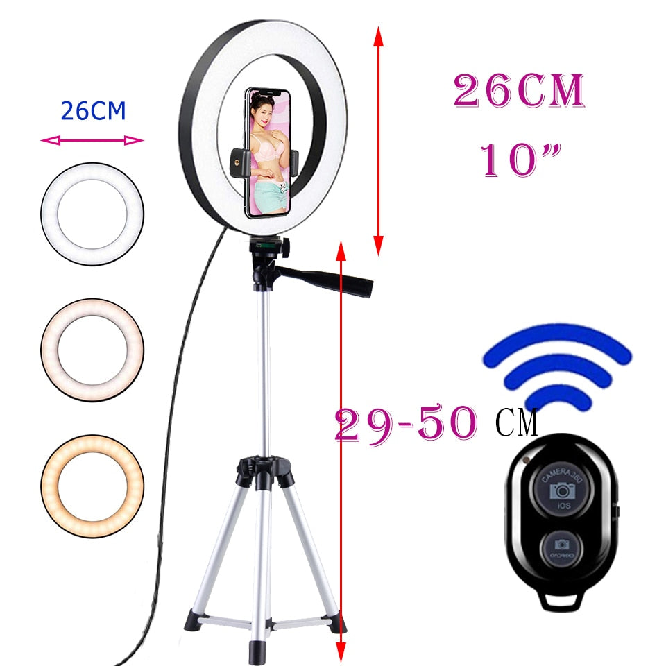 26cm Led Selfie Ring Light Bluetooth Remote Lamp Photography Tripod Holder