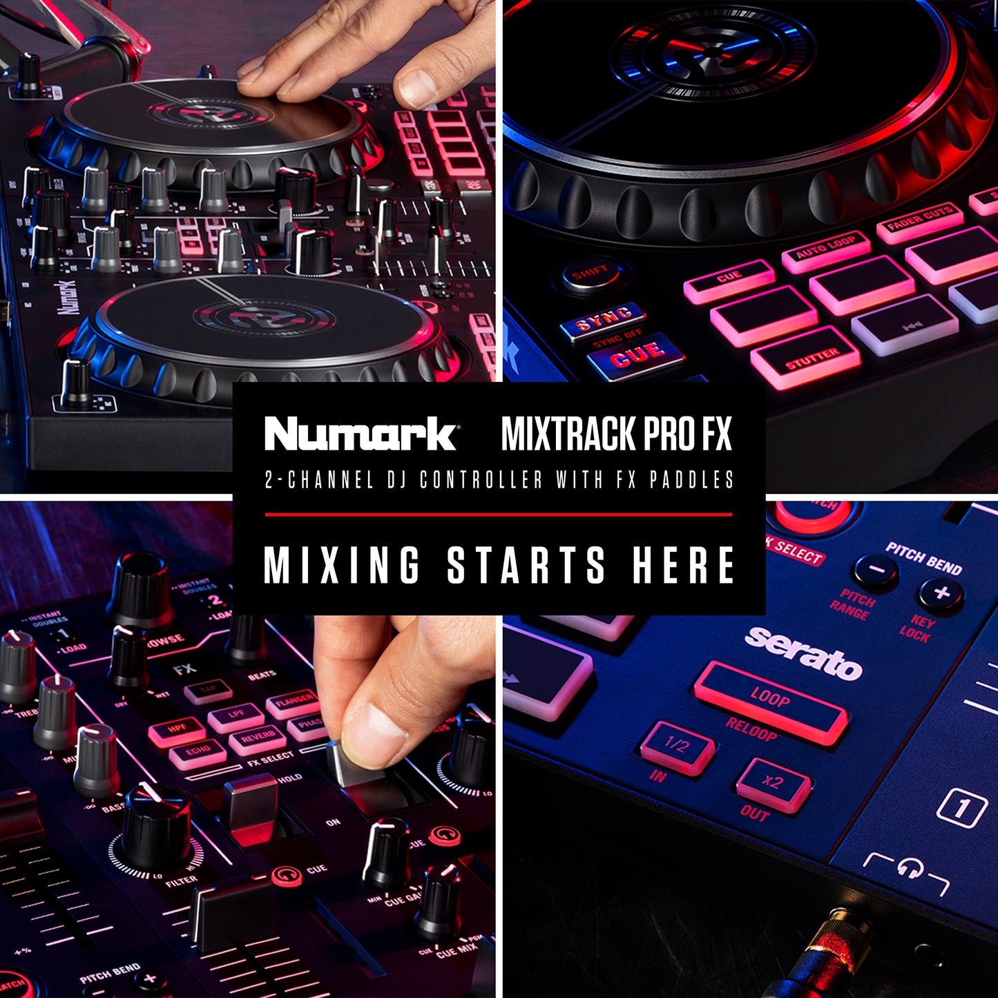 Numark Mixtrack Pro FX – 2 Deck DJ Controller For Serato DJ with DJ Mixer, Built-in Audio Interface, Capacitive Touch Jog Wheels and FX Paddles