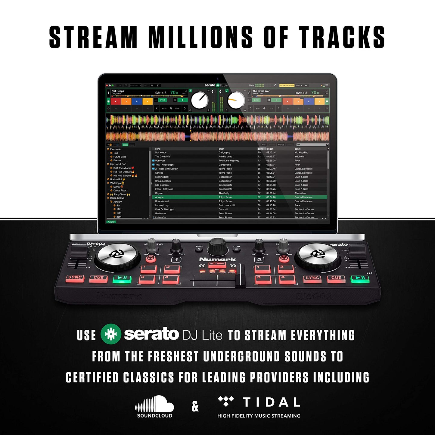 Numark DJ2GO2 Touch – Compact 2 Deck USB DJ Controller For Serato DJ with a Mixer / Crossfader, Audio Interface and Touch Capacitive Jog Wheels