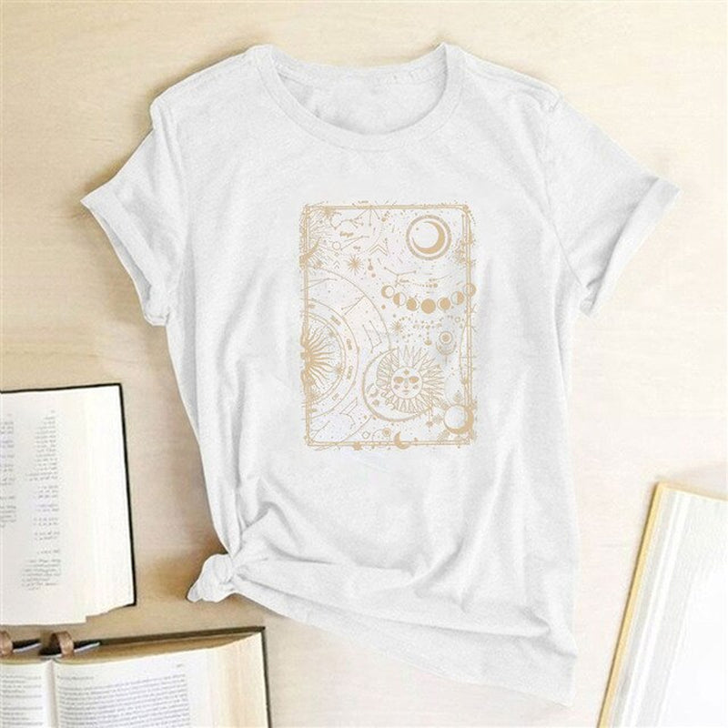 Moon and Sun Print Vintage Women T Shirt Aesthetic round Neck Loose Summer Tshirt Casual Graphic Tees Tops Woman Ropa Mujer