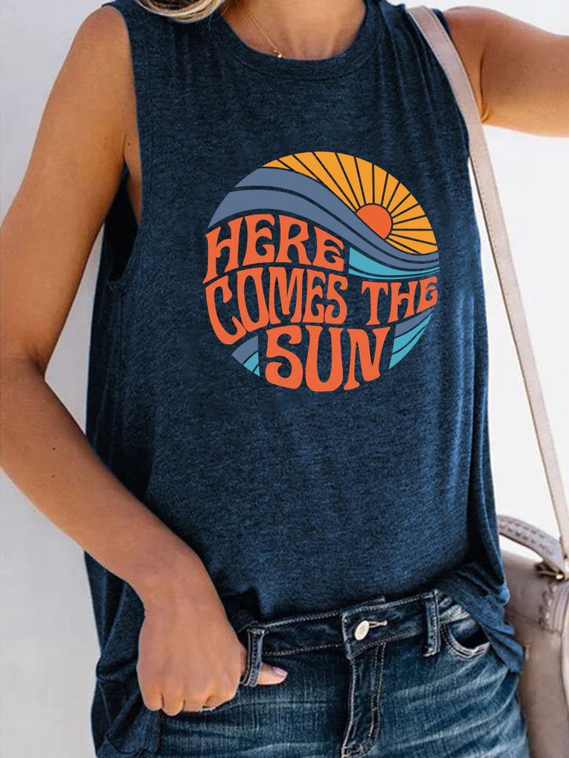 Here Comes the Sun Printed Funny Women T Shirt Sleeveless round Neck Summer T Shirt Femme Clothes Vintage Graphic Tees Tops 2022