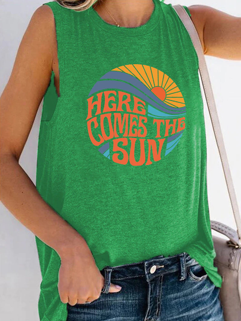 Here Comes the Sun Printed Funny Women T Shirt Sleeveless round Neck Summer T Shirt Femme Clothes Vintage Graphic Tees Tops 2022