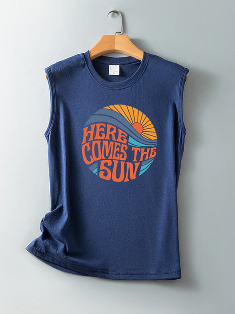 Here Comes the Sun Printed Funny Women T Shirt Sleeveless round Neck Summer T Shirt Femme Clothes Vintage Graphic Tees Tops 2022