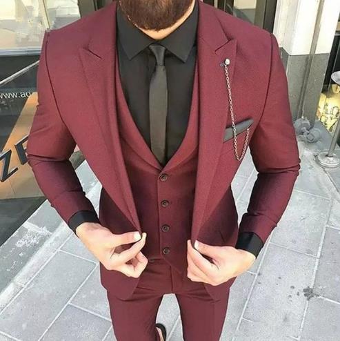 Peak Black Lapel Groom Tuxedos Burgundy 3 Pieces(Jacket+Pant+Vest+Tie) Men's