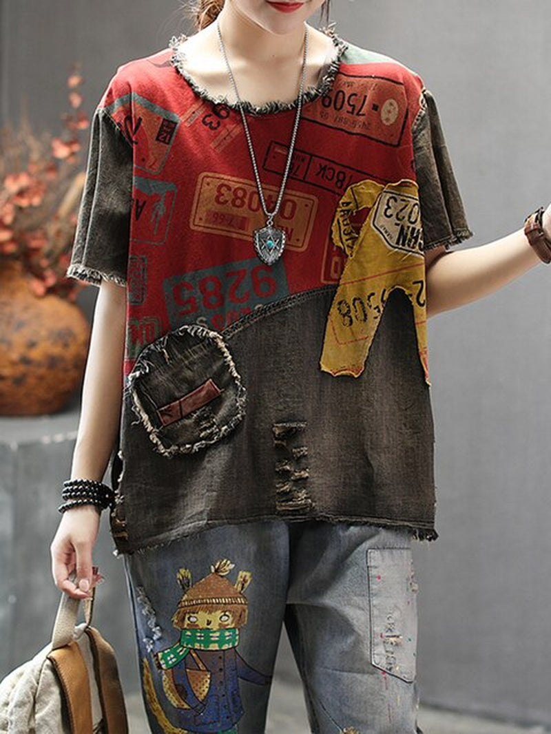 Max Lulu 2022 New Summer European Fashion Style Ladies Vintage Tee Shirts Women Denim Patchwork Ripped Tshirts Casual Streetwear