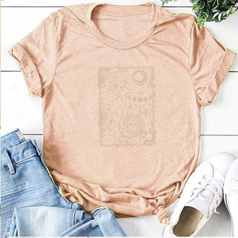 Moon and Sun Print Vintage Women T Shirt Aesthetic round Neck Loose Summer Tshirt Casual Graphic Tees Tops Woman Ropa Mujer
