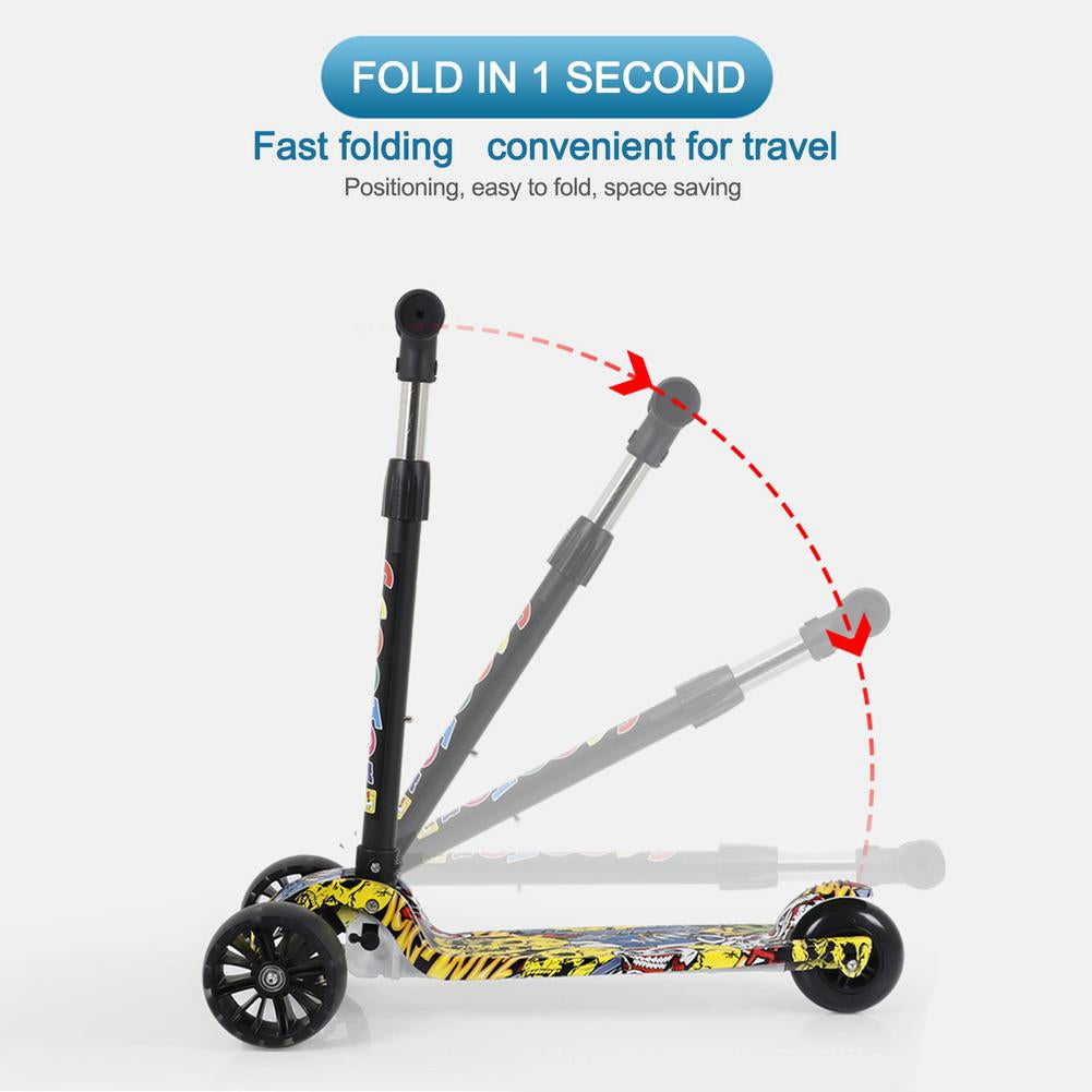 Children'S Scooter Three-Wheeled Light up Graffiti One-Key Folding Portable Scooter with Luminous Wheel