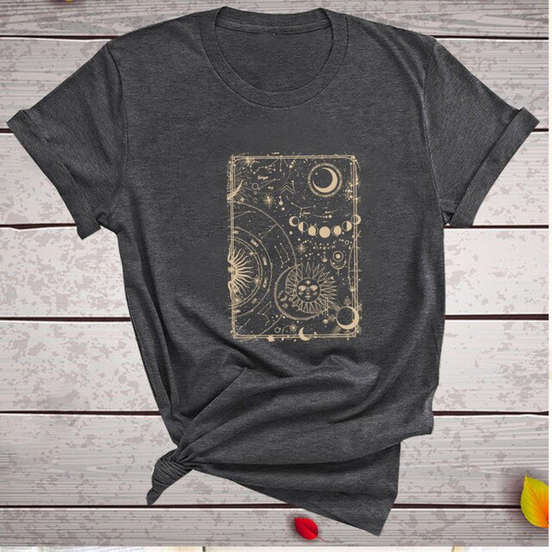 Moon and Sun Print Vintage Women T Shirt Aesthetic round Neck Loose Summer Tshirt Casual Graphic Tees Tops Woman Ropa Mujer