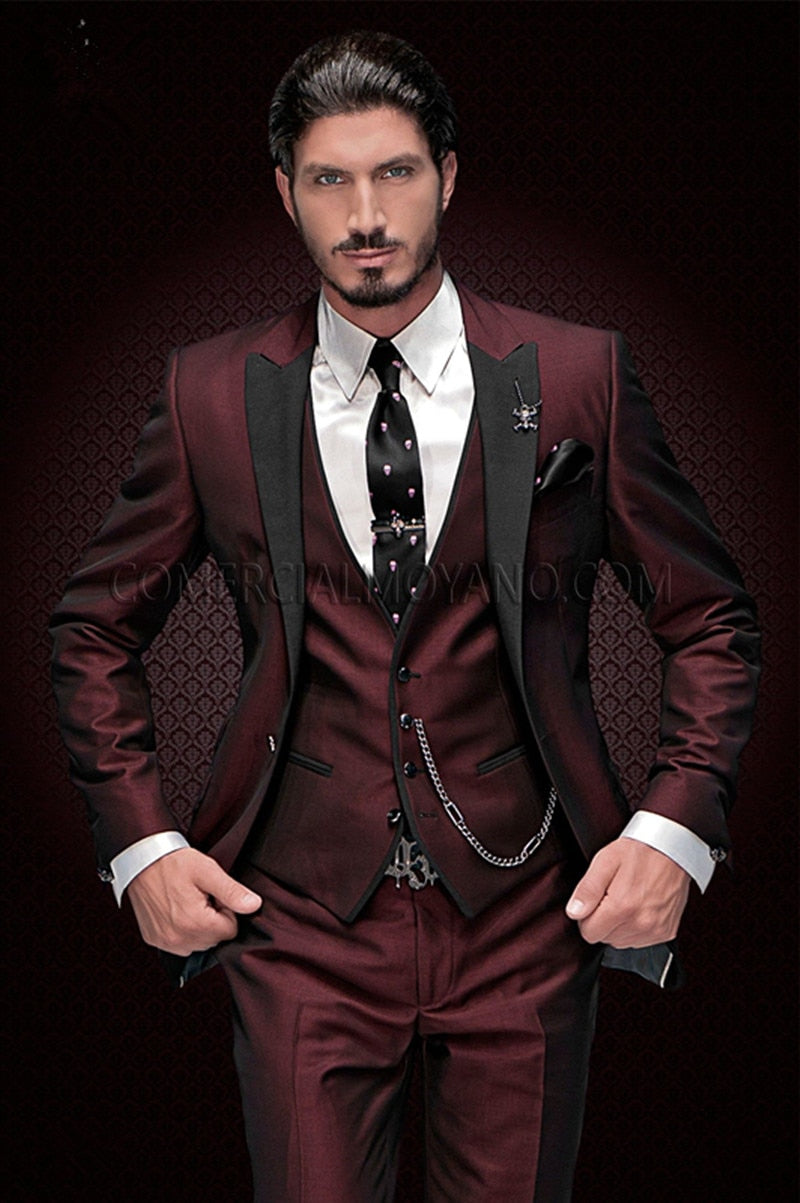 Peak Black Lapel Groom Tuxedos Burgundy 3 Pieces(Jacket+Pant+Vest+Tie) Men's