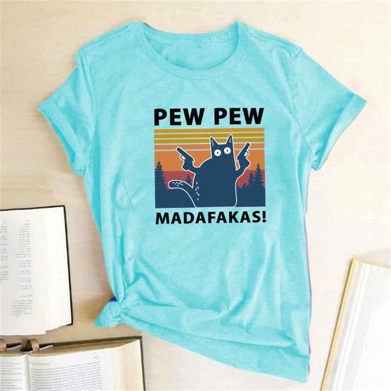 Pew Pew Madafakas Print T-Shirts Women Summer 2020 Graphic Tees Funny Shirts for Woman Tshirts Loose Crew Neck Harajuku Tops