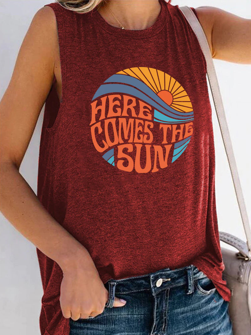 Here Comes the Sun Printed Funny Women T Shirt Sleeveless round Neck Summer T Shirt Femme Clothes Vintage Graphic Tees Tops 2022