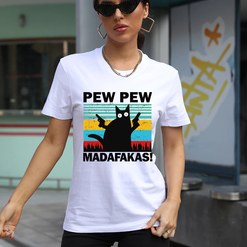 Pew Pew Madafakas Print T-Shirts Women Summer 2020 Graphic Tees Funny Shirts for Woman Tshirts Loose Crew Neck Harajuku Tops