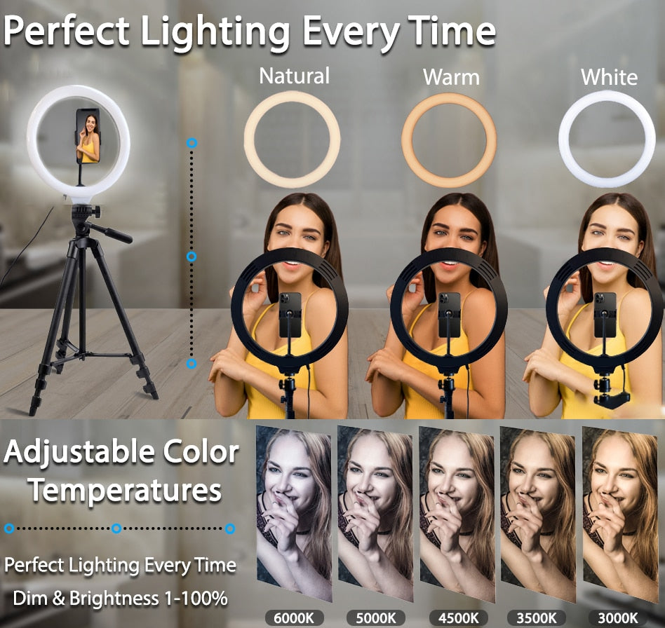 26cm Led Selfie Ring Light Bluetooth Remote Lamp Photography Tripod Holder