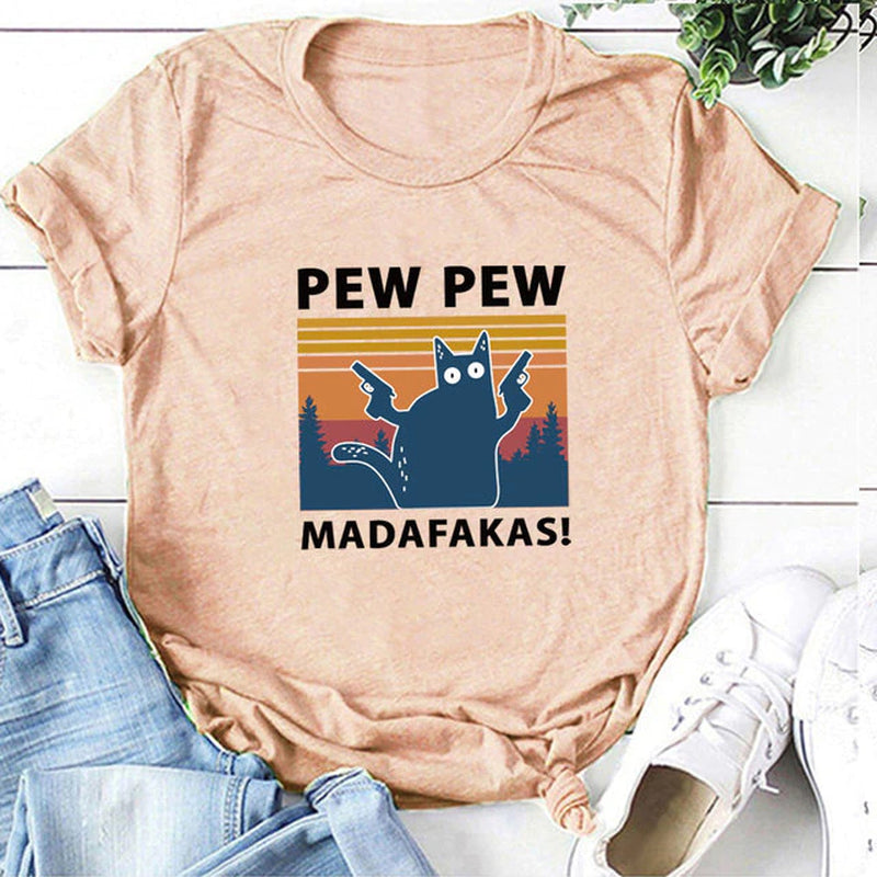 Pew Pew Madafakas Print T-Shirts Women Summer 2020 Graphic Tees Funny Shirts for Woman Tshirts Loose Crew Neck Harajuku Tops