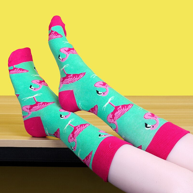 Women Socks Pink Green Cartoon Animals Flamingos Printed Harajuku Cute Funny Colorful Happy Female Casual Hip Hop Skate Hosiery