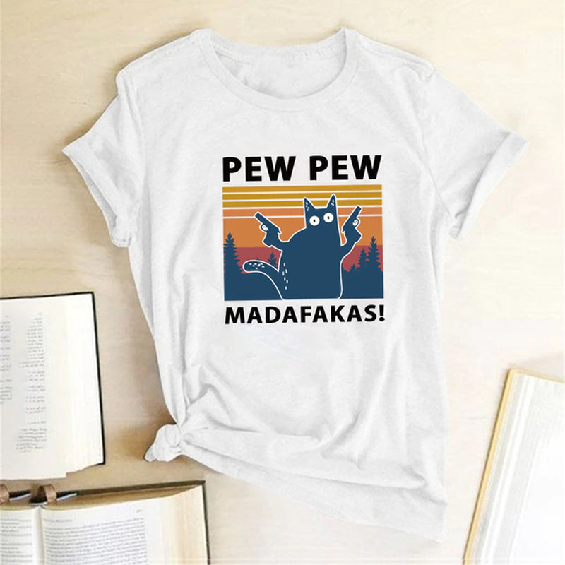 Pew Pew Madafakas Print T-Shirts Women Summer 2020 Graphic Tees Funny Shirts for Woman Tshirts Loose Crew Neck Harajuku Tops