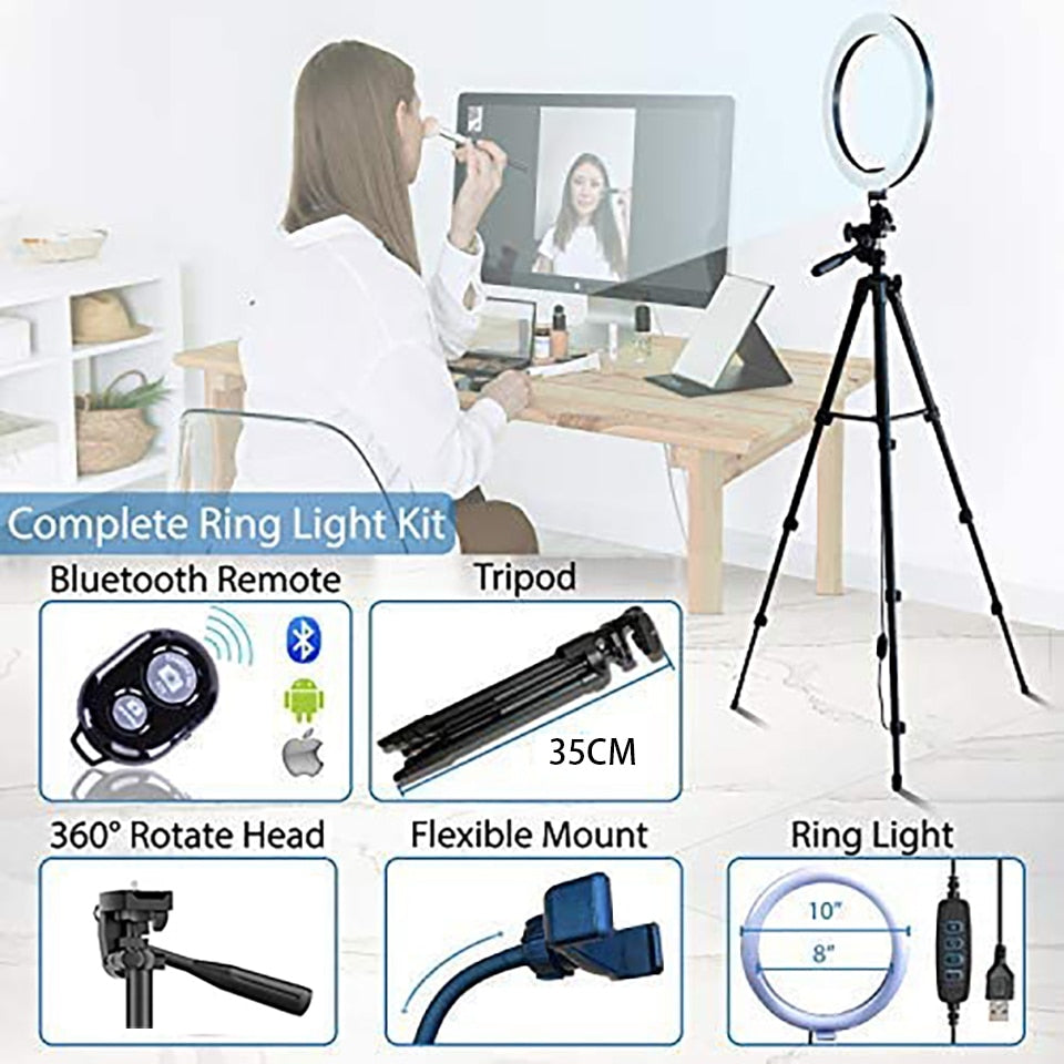 26cm Led Selfie Ring Light Bluetooth Remote Lamp Photography Tripod Holder