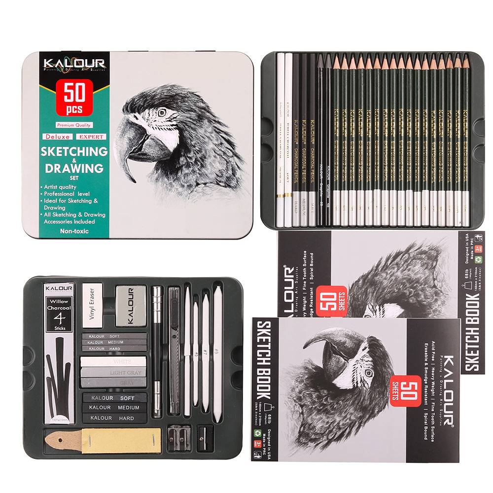 52pcs Sketching and Charcoal Pencil Drawing Set in Tin Box With 2 Sketch Pad