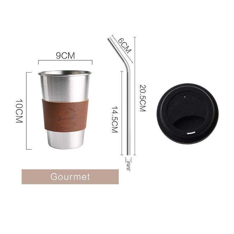 Stainless Steel Coffee Mugs 350ML Tea Cups Big Travel Mugs Camping Mugs Coffee Cup With Straws Lid and Fashion insulated leather