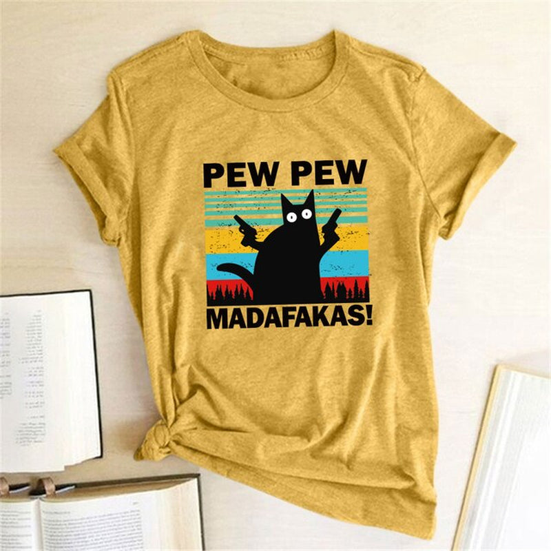 Pew Pew Madafakas Print T-Shirts Women Summer 2020 Graphic Tees Funny Shirts for Woman Tshirts Loose Crew Neck Harajuku Tops